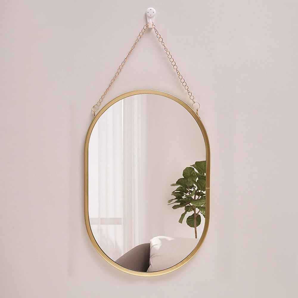 Hosoncovy Metal Frame Wall Mirror Hanging Decorative Mirror with Chain Makeup Mirror Vanity Mirror for Bathroom Living Room Bedroom (Elliptical)