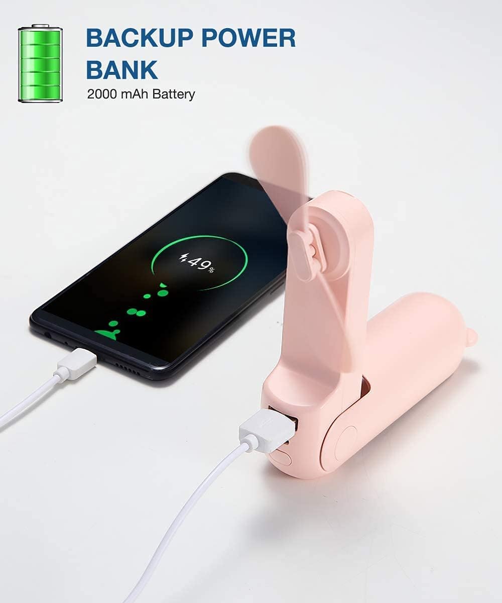 JISULIFE Handheld Mini Fan, 3 IN 1 Hand Fan, Portable USB Rechargeable Small Pocket Fan, Battery Operated Fan [14-21 Working Hours] with Power Bank, Flashlight Feature for Wowen,Travel,Outdoor-Pink: Health & Personal Care