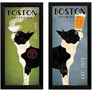 Boston Terrier Coffee and Brewing Co Ryan Fowler Framed 2 Picture Set Vintage Beer Ads Dogs 11x23 Finished Size