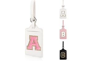 XSUIOY Personalized Initial Luggage Tags for Suitcases, Leather Chenille Letter Cute Luggage Tags with Privacy Name Card, Embroidered Travel Bag Backpack Tags Gifts for Women Kids Girls Teens(White-A)