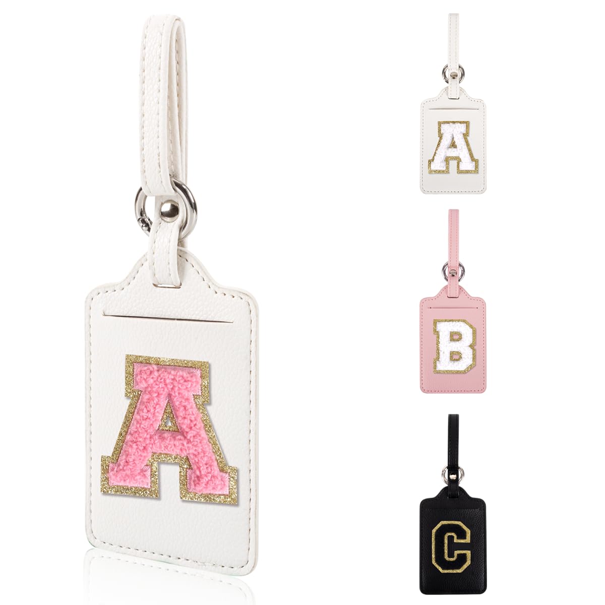 Photo 1 of Personalized Initial Luggage Tags for Suitcases, Leather Chenille Letter Cute Luggage Tags with Privacy Name Card, Embroidered Travel Bag Backpack Tags Gifts for Women Kids Girls Teens(White-A)