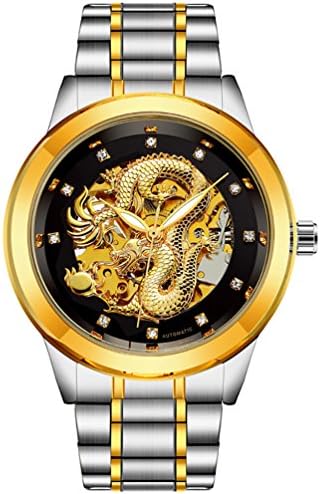 VIGOROSO Men's Luxury Automatic Mechanical Watches Gold Dial Dragon Skeleton Wrist Watch (Silver&amp;Black)