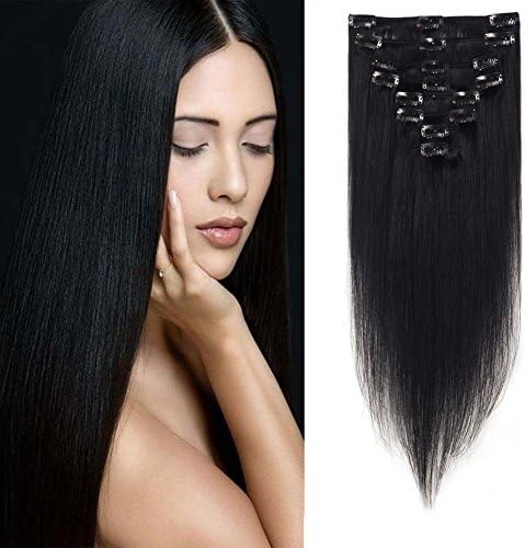 LFLIN Clip In Human Hair Extensions 100% Real Remy Jet Black Full Head Long Soft Silky Straight 8pcs 18clips For Women Beauty.