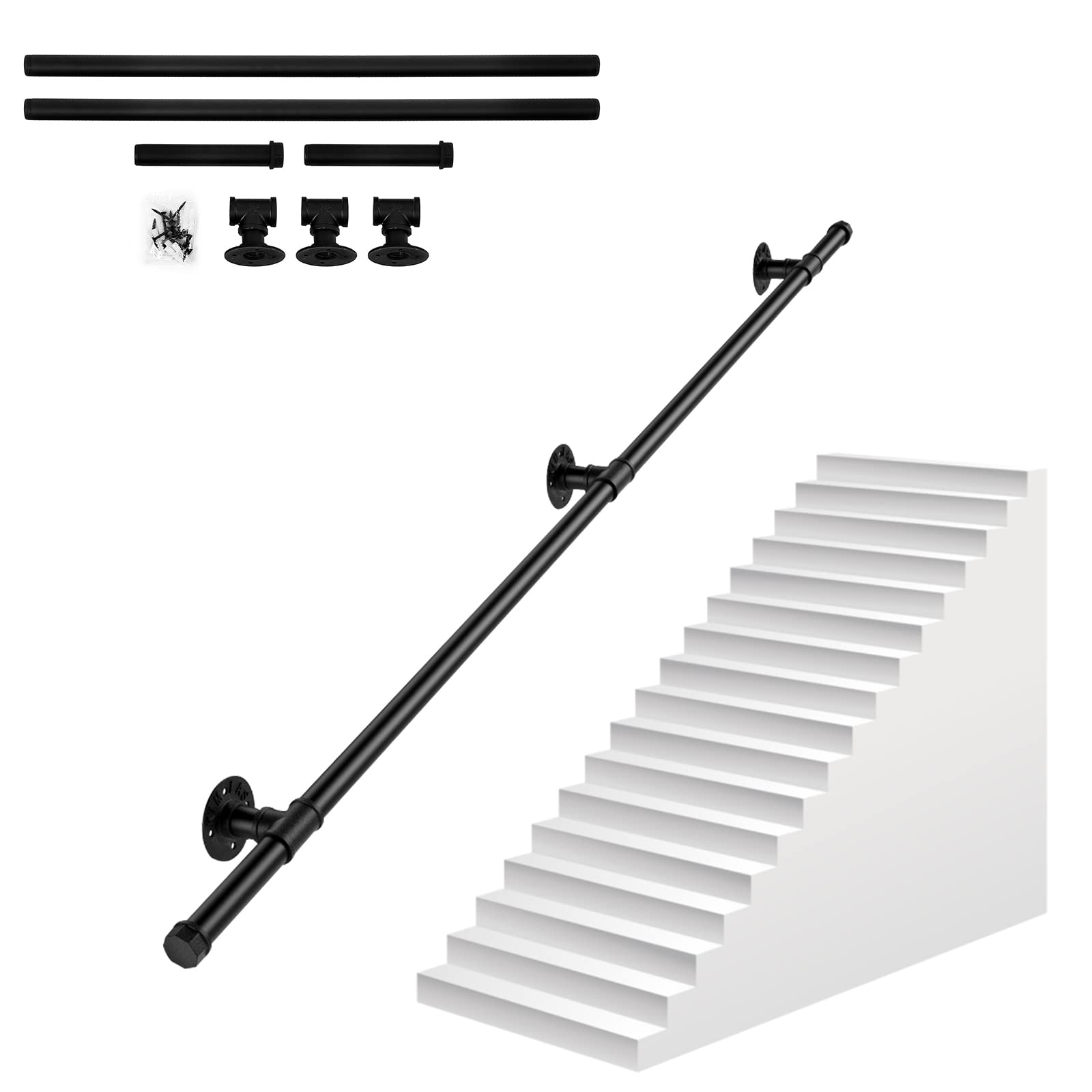 Handrail Stairs, Wall-Mounted Stair Handrail, 1m/2m/3m Non-Slip Metal Grab Bar Railing, Staircase Banister Rail Support Kit, Indoor Outdoor Wall Balustrade Industrial Steel Pipe Handle (2m)