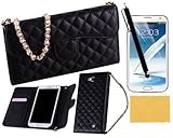 Galaxy Note 2 Case, XIANA 3-fold Section Elegant Handbag Wallet Leather Case with Credit Card Slots Suitable For Samsung Galaxy Note 2 N7100(Black),Including Stylus,Screen Protector and Cleaning Cloth