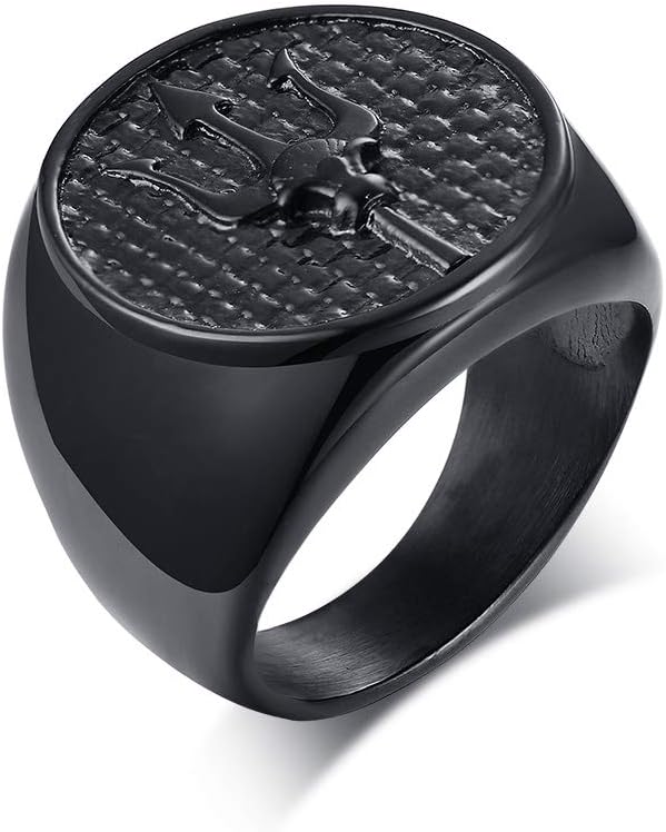Stainless Steel Handsome Black Ion Plated Ancient Greece Amulet Poseidon Trident Signet Ring Band for Men