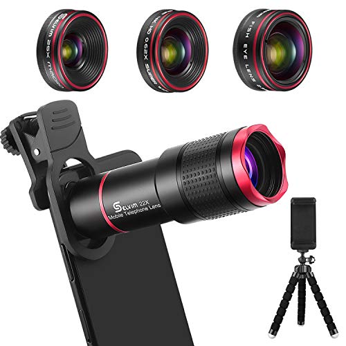 Phone Camera Lens Kit 9 in 1: 22X Telephoto Lens, 205° Fisheye Lens, 0.5X Wide Angle Lens & 25X Macro Lens, Compatible with iPhone 8 7 6 6s Plus X XS XR Samsung