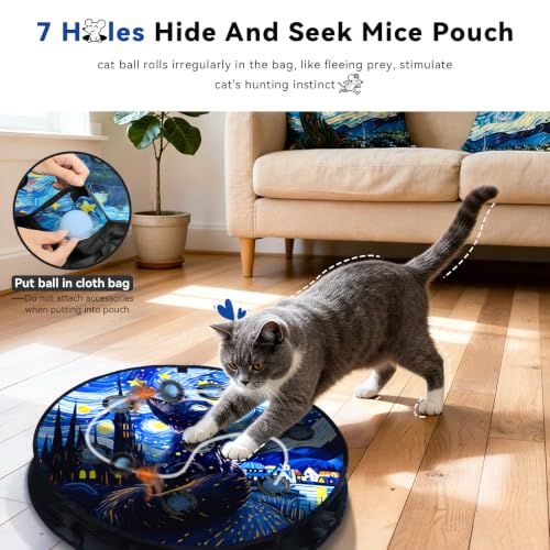KiwiLove Interactive Cat Toy with Motion Activated Ball & 7-Hole Play Mat, Hide and Seek Exercise Game for Indoor Cats, Automatic Moving Cat Ball in Pouch, Rechargeable Cat Toys(Starry Night)