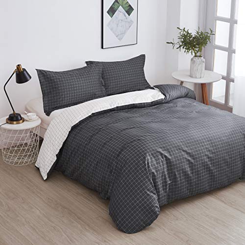 OAITE Duvet Cover Set, 100% Cotton Duvet Cover, Ultra Soft and Easy Care, Bedding Queen Size Set, 3-Piece Duvet Cover Set Includes 2 Pillow Shams (Black-White, Queen)