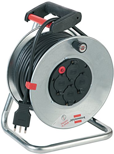 Brennenstuhl 1198565 Avvolgicavo 50 M Serie Garant Sk in Acciao Zincato Antiruggine, Spina Italiana 16A e 4 Prese Italiane 10A+16A e Schuko con Coperchi Autochiudenti, Maniglia Ergonomica, Argento
