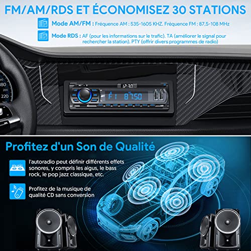 RDS Bluetooth 5.0 Car Radio with LCD Clock Display, 7 Colours Lighting, 4 x 65 W Car Radio 1 Din for 9-24 V Car, Supports Handsfree/FM/AM/2 USB/AUX/SD/TF/MP3