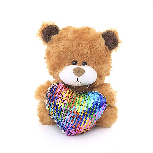 Plushland Qbeba Brown Teddy Bear w/ Rainbow Sequin Heart Stuffed Animal (6â€) Cute Love, Valentineâ€™s Day, or Christmas Surprise for Boys and Girls | Plush, Squeezable Size