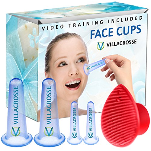 Silicone Face Cupping Set for Eye & Face - Facial Suction Cup Set w/Soft Face Cleansing Massage Brush & Video Training - Facial Cupping Set Silicone & Face Cupping Therapy Sets, Sky Blue