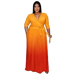 Runwind Plus Size Dress for Women 3/4 Sleeve V Neck