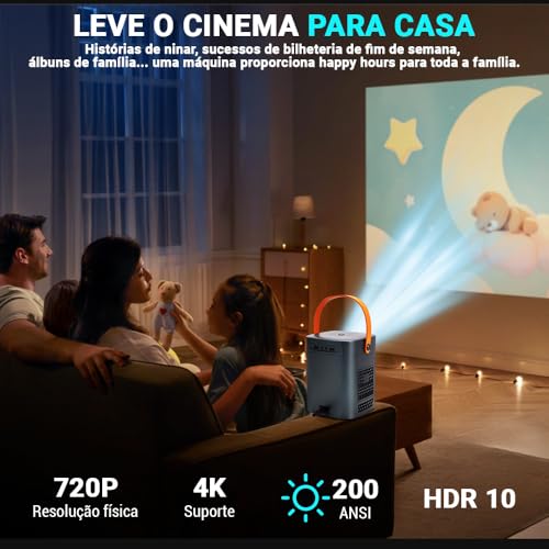 Projetor Portátil HY6, Projetor Compatível 4K com Som de Alta Performance, Conexão WiFi 6 Banda Dupla 2.4G+5G, 110V-240V