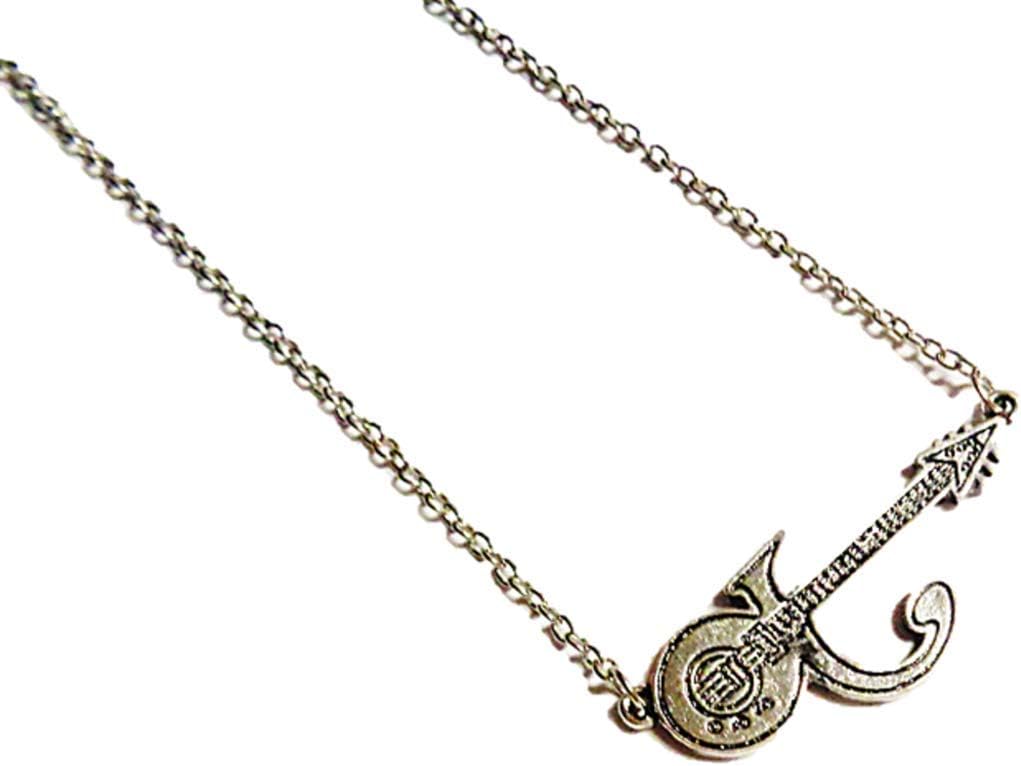 Saporas Designs Silver Tone Inspired Prince RIP Love Symbol Memorial Guitar Design Necklace Unisex