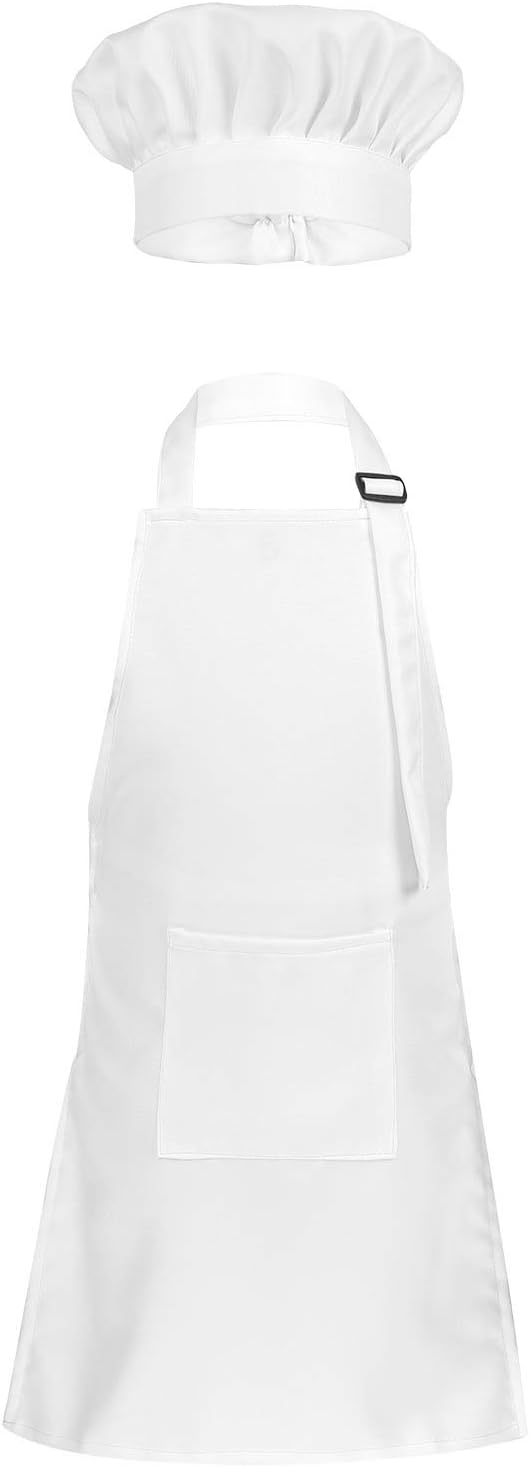inlzdz Kids Children Chef Kitchen Apron Hat Outfit Adjustable Bib Artist Apron for Cooking Baking Painting Training Crafting Wear White 2-4 Years