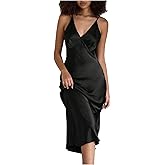 OYOANGLE Satin Nightgown for Women Soft Spaghetti Strap Long Dress V Sleeveless Solid Loungewear Sleepwear Chemise