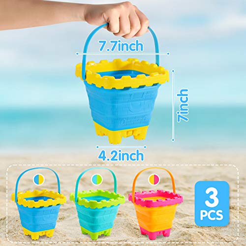 Shindel 2.7L Collapsible Sand Bucket, 3PCS Foldable Pail Buckets Silicone Collapsible Buckets, Kids Sand Beach Bucket, Sand Toys