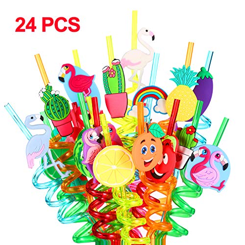 FZR Legend 24 Flamingo Fruit Cactus Reusable Plastic Straws,Hawaiian Beach Cocktail Luau Party Decorations Supplies Favors (24 SET)