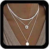 Vacaonio Boho Layered Silver Coin Necklace Hollow Star Pendant Necklace Round Disc Choker Necklace Layering Herringbone Chain Necklace Jewelry for Women
