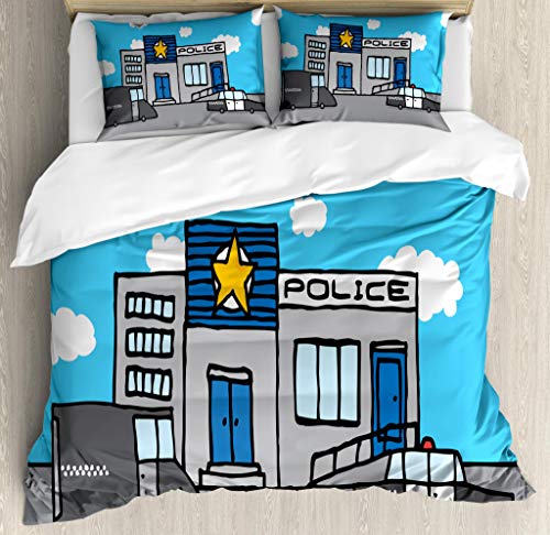 Lunarable Police Duvet Cover Set, Cartoon Station Vehicles and Cloudy Sky Boys, Decorative 3 Piece Bedding Set with 2 Pillow Shams, Queen Size, Pale Blue Grey and White