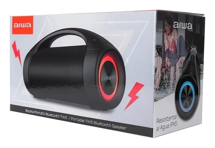 Aiwa Bocina Inalámbrica AWS600BT True Wireless con Bluetooth, LED, Resistencia IPX5, 50W RMS, Color Negro, Portátil para Exteriores, Radio Integrada, Batería Recargable y Diseño Cilíndrico