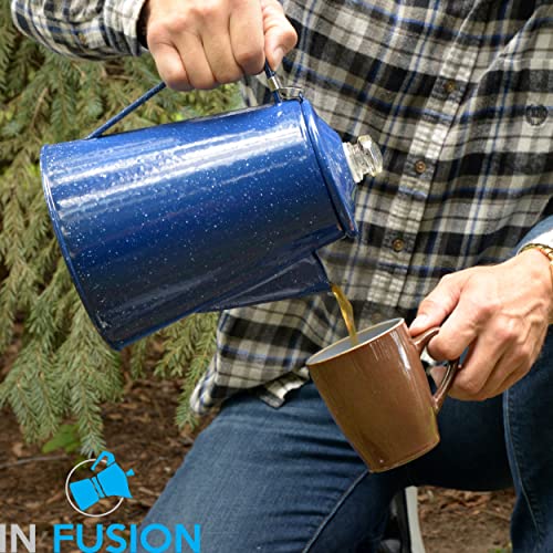 12-Cup Enamel Camping Coffee Boiler Pot With Glass Lid - For Stove, Fire, Backpacking - Beige/Cream