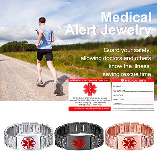 Supcare Medical Alert ID Bangle Bracelet Stainless Steel Cubic Zircon Addjustable Band Bracelet for Men/Boys/Women, Medical Alert Emergency Identification Charm Bracelet Jewelry
