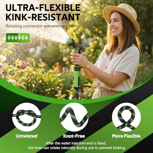 NON-EXPANDABLE Garden Hose 25 FT, Heavy Duty Steel Metal Flexible Water Hose with 10-Function Spray Nozzle, Durable Fabric Skin, No Kinks & Leak-Proof with Upgraded Handle