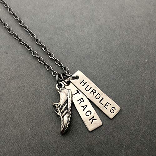 RUN TRACK HURDLES Necklace - Pewter Running Shoe Charm and 2 Hand Hammered Nickel Silver Pendants Hand Stamped with TRACK and HURDLES on 18 inch Gunmetal Chain - Thumbnail 5