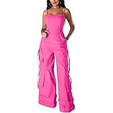 BOKITECAO Womens Cargo Jumpsuit Sexy One Piece Outfit Wide Leg Romper Multi Pockets Overalls