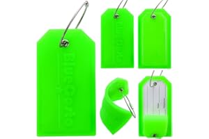 BlueCosto - Luggage Tags - Large, Green, 5 PK - PVC Suitcase Tags w/Privacy Cover & Stainless Steel Wire Loops - Personalized Baggage Identifiers for Travel - Backpack Name Labels