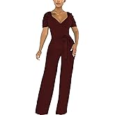 PaladMom Womens Elegant Plus Size Jumpsuits Sexy Back zipper Short Sleeve Mid Waist Wide Leg Straight Rompers