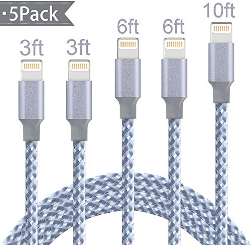 Lightning Cable, WZS iPhone Charger Cables 5Pack 3FT 3FT 6FT 6FT 10FT to USB Syncing Data and Nylon Braided Cord Charger for iPhone X/8/8Plus/7/7Plus/6/6Plus/6s/6sPlus/5/5s/5c/SE and More(GrayWhite)