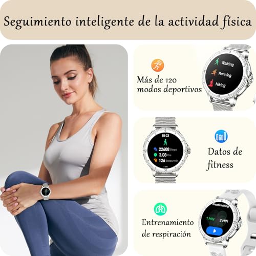 Women's Smart Watch with Calls, 1.27" HD Round Smartwatch with Female Function, 120+ Sports Modes, Heart Rate Monitor, SpO2, Sleep Monitor, IP68 Smart Watch for Android iOS, Silver, Women's Gift