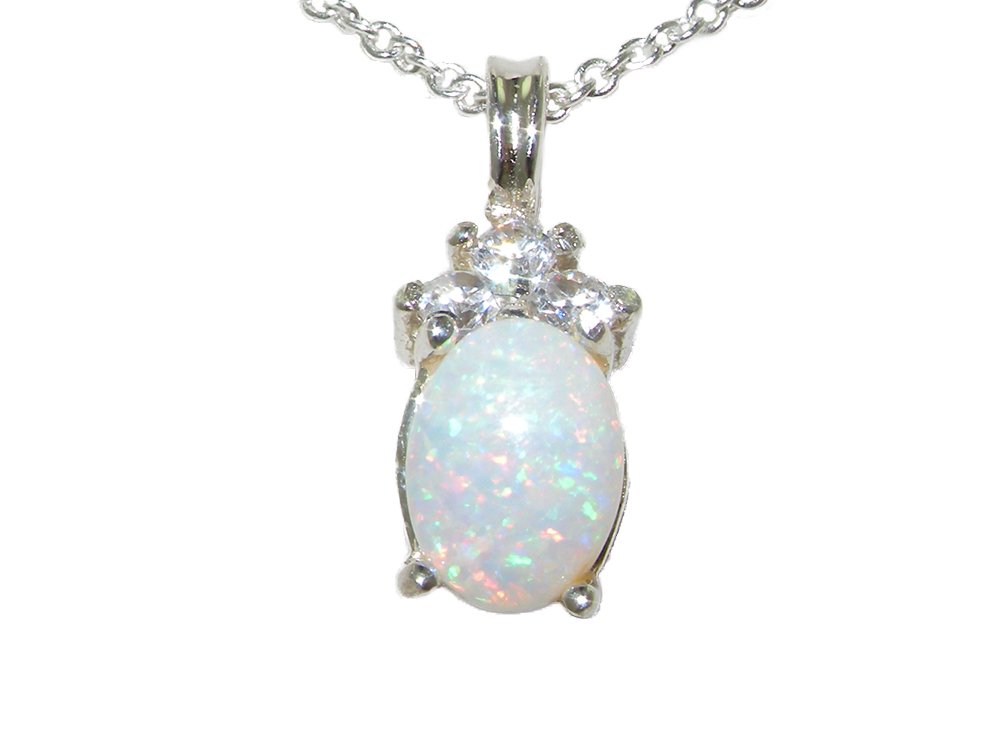 Solid 925 Sterling Silver Natural Colourful Opal & Cubic Zirconia Pendant & Chain October Birthstone Necklace