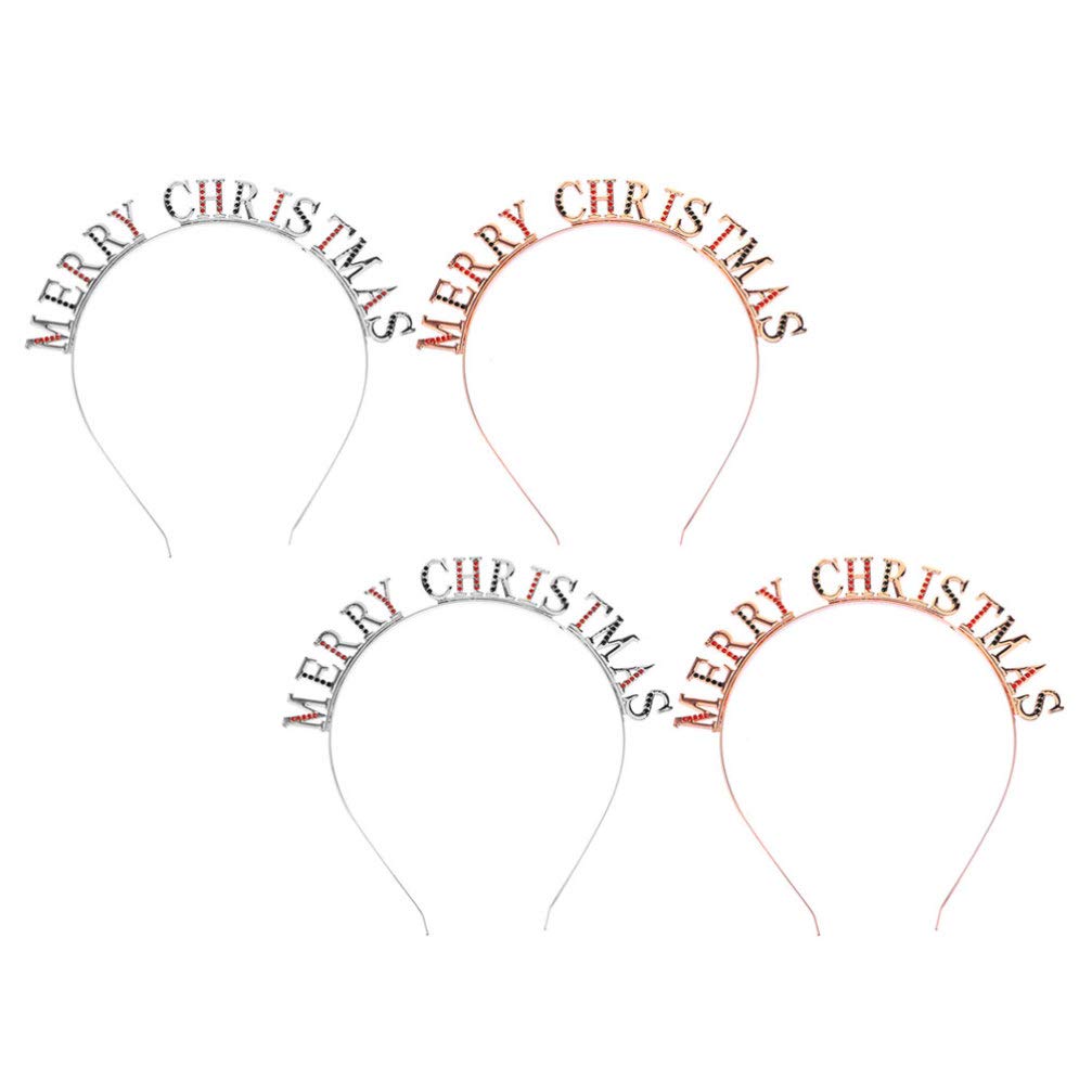 FRCOLOR Metal Christmas Headbands for Women,Rhinestone Hair Hoop Merry Christmas Headbands Headpieces Metal Hair Hoop Letter Headband,4pcs(Silver,Rose Gold)