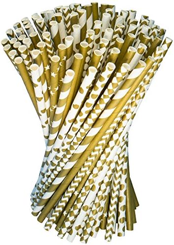 Gold Paper Straws Drinking Straw Individually Wrapped 7 Fun Patterns Baby Shower Weddings Parties; 100 Long Lasting Gold and White Paper Straws 100% Biodegradable