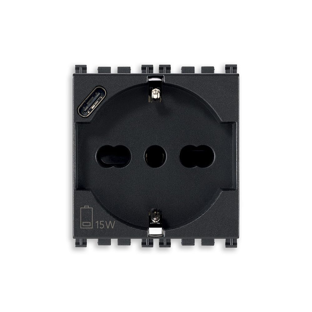 VIMAR 19210.USB Arké Socket 2 Modules SICURY 2P+T 16A 250V Universal Italian Standard P40 and USB Output Type C 5V and 3A for Fast Charging, Grey
