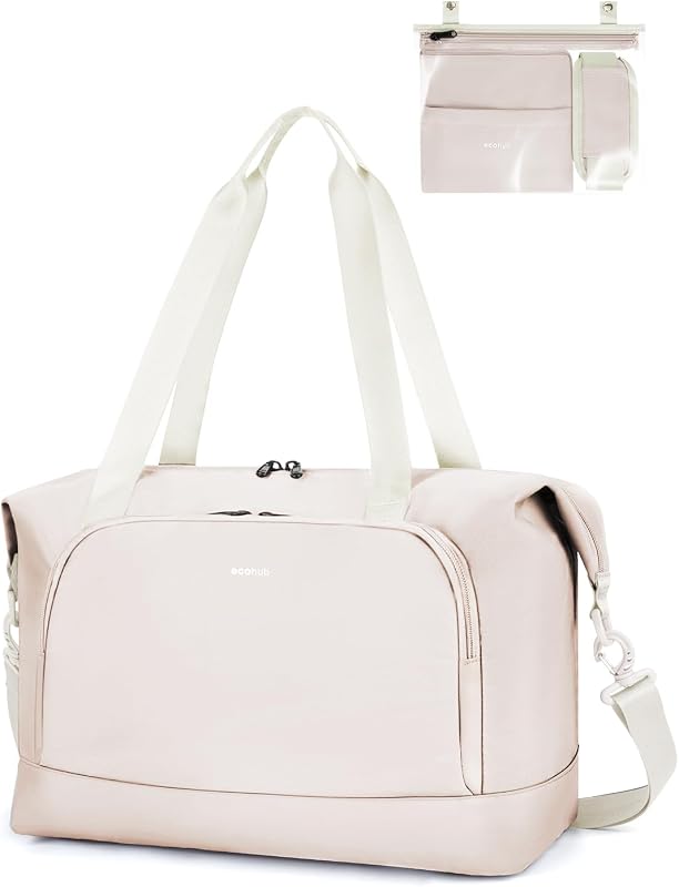Bolsa de Viaje Plegable, Equipaje de Mano Ligera y Resistente al Agua para el Fin de Semana, Bolsa Viaje con Reciclada Bolsillo Húmedo Extraíble para Mujer y Hombre, 30L-Beige