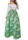 Uideazone Women African Print Skirts Pleated Flared Full Cricle Maxi Skirts Dress Green