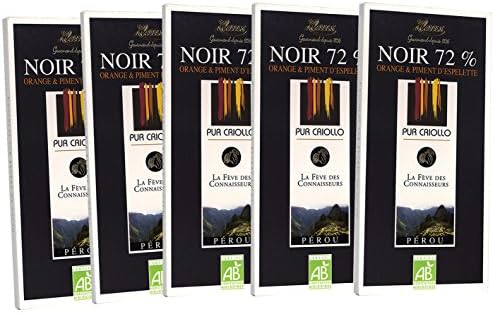 Klaus 100% Pure Organic Criollo Cocoa Chocolate Bar NOIR (Dark 72% Cocoa, 5 Packs)
