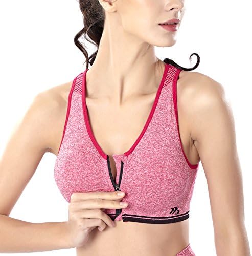 Women Full High Impact Push up Zip Front Close Wide Strap Racerback Padded Sports Yoga Bra with Wireless (XXL 38C 38D 40A 40B 40C, Red)