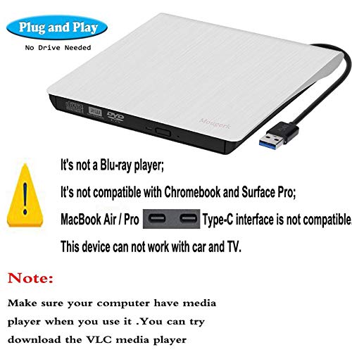 External USB 3.0 DVD Drive, Mougerk USB 3.0 Ultra Slim Portable CD DVD RW Reader Writer Burner Drive Compatible with Win 7 10 Laptop Desktop PC Mac Book Pro White