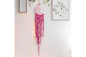 MGAHYI Moon Star Dream Catcher Decor,Macrame Woven Dreamcatcher with Light,Bohemian Wall Hanging Decoration,Bedroom,Home Decoration (Rose Red Moon)