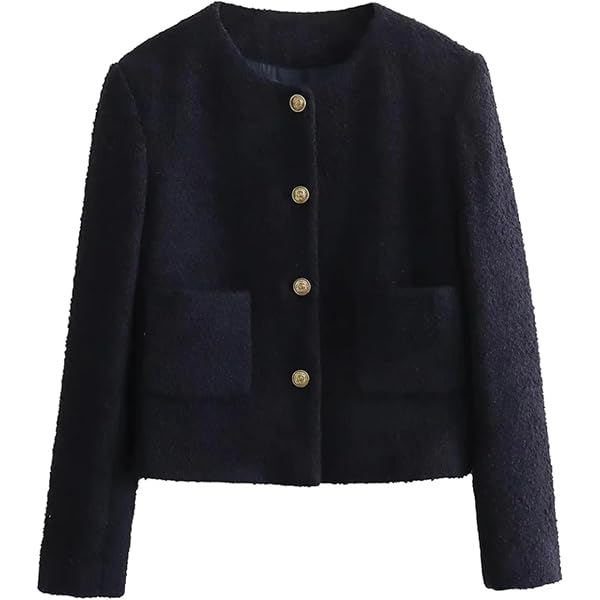 Crop Tweed Blazer Jacket for Women Collarless Open Front Button