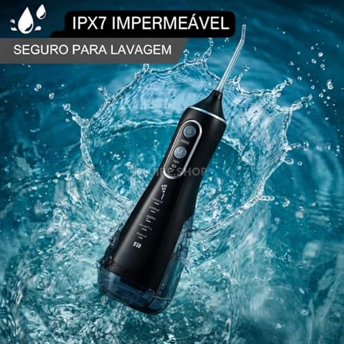 Irrigador Oral & Bucal Portátil Recarregável -Tanque 300ml - Limpeza Profunda com 4 Níveis de Pressão, 4 Ponteiras, À Prova d’Água - Jato Dental Ideal para Aparelhos Ortodônticos, Implantes e Gengivas (Preto)