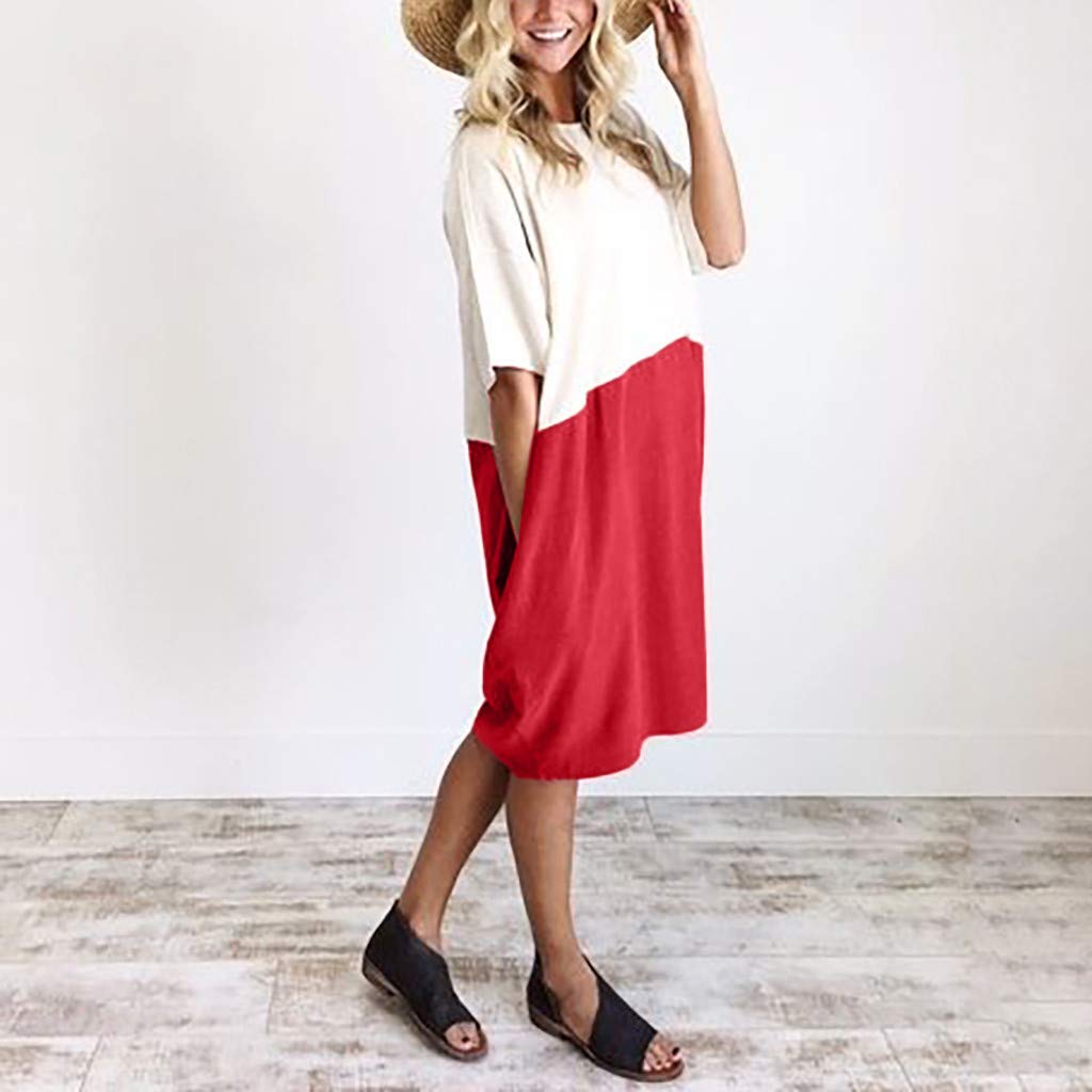 POTO Women Dresses, Loose Color Stitching Casual Dresses with Pockets Cotton Linen Tunic Dress Party Dress Beach Dress