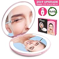 LED Lighted Travel Makeup Mirror Foldable, Dual Sided Vanity Mirror with Lights Portable Compact Illuminated Folding Tabletop Cosmetic Mirror, 1x/5x Magnifying Handheld Magnification Pocket Mirrors